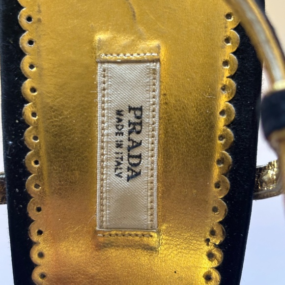 Prada Sling Back Holiday Heels Black Suede with Gold Leather accent Size 38 - Picture 4 of 8